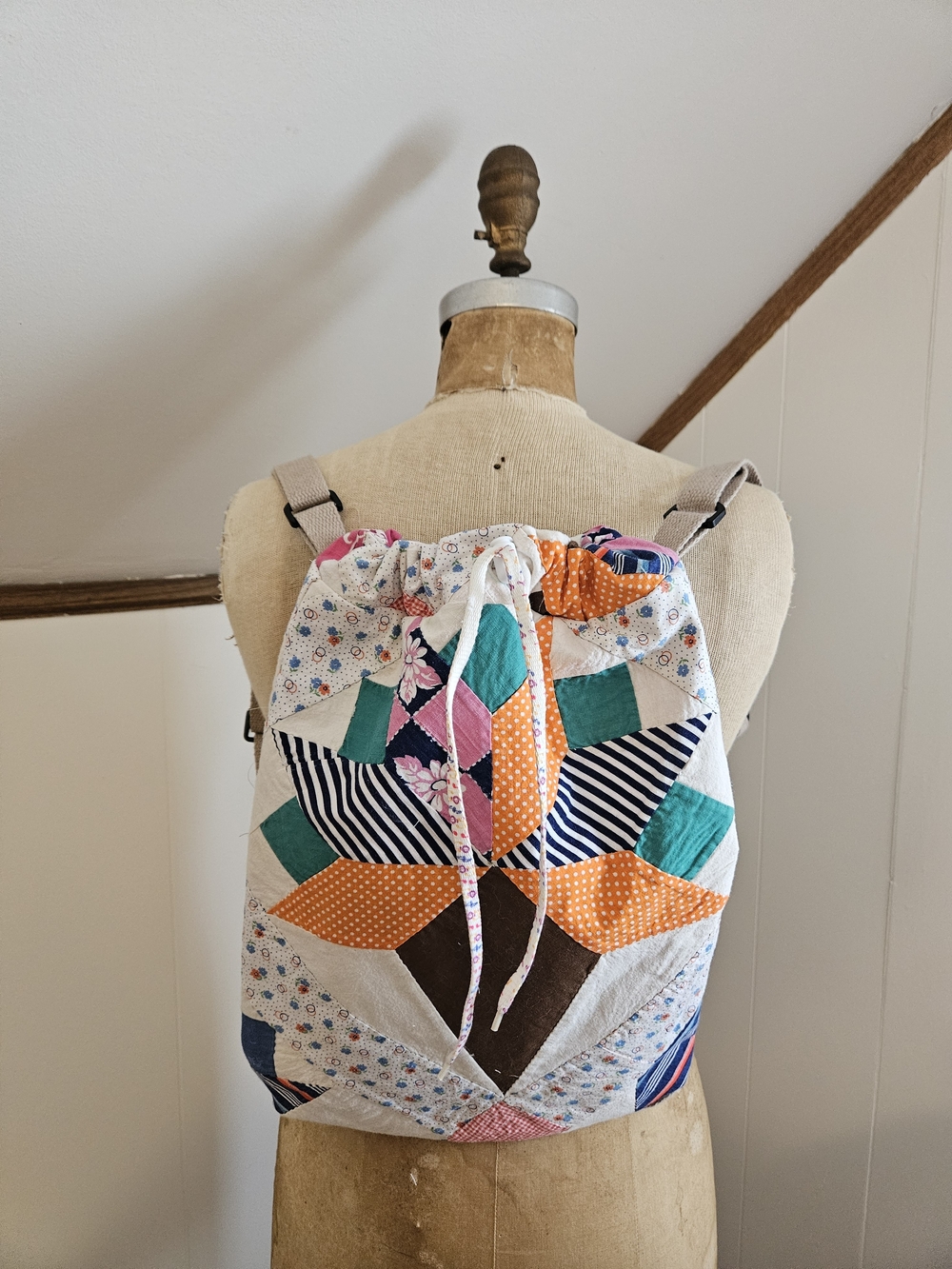 Handmade Patchwork Drawstring Backpack in Orange, Teal, Navy